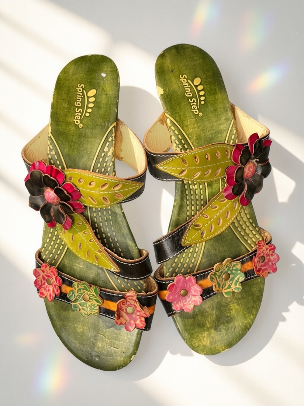 L’Artiste by Spring Step Lona Floral Leather Sandals Mules Olive Green Boho